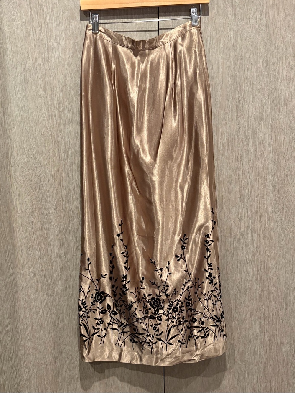 Vintage Paul Harris  Champagne Satin Midi Skirt Floral Velvet Flocked Small USA